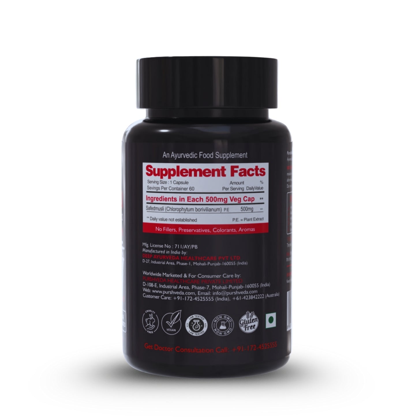 Safed musli supplement bottle with 'Supplement Facts' label on a white background