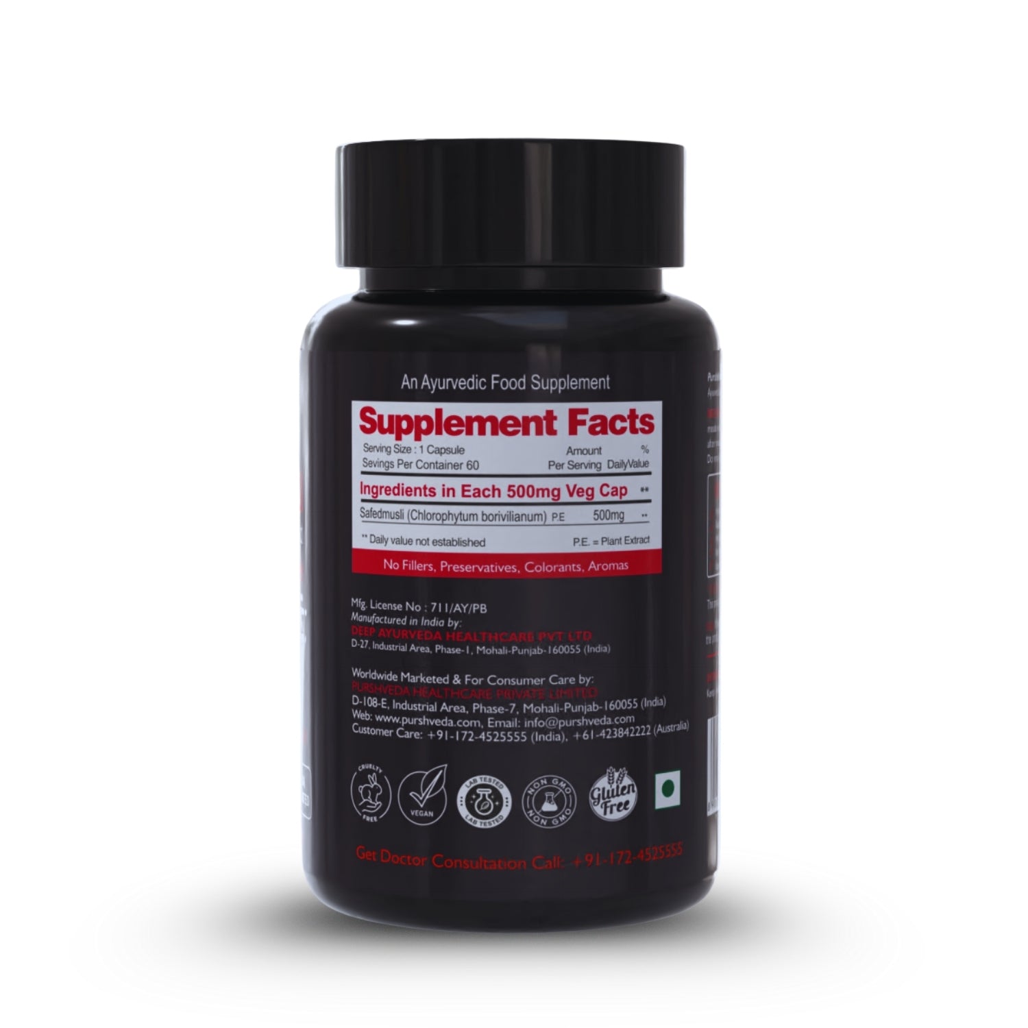 Safed musli supplement bottle with 'Supplement Facts' label on a white background