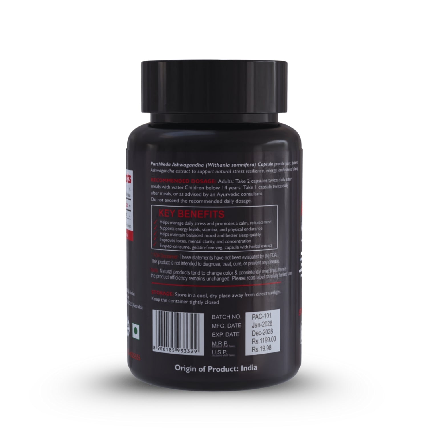 Black supplement bottle with label on a white background