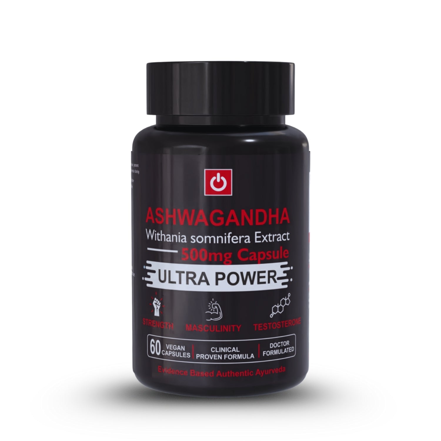 Black bottle of Ultra Power Ashwagandha supplement on a white background